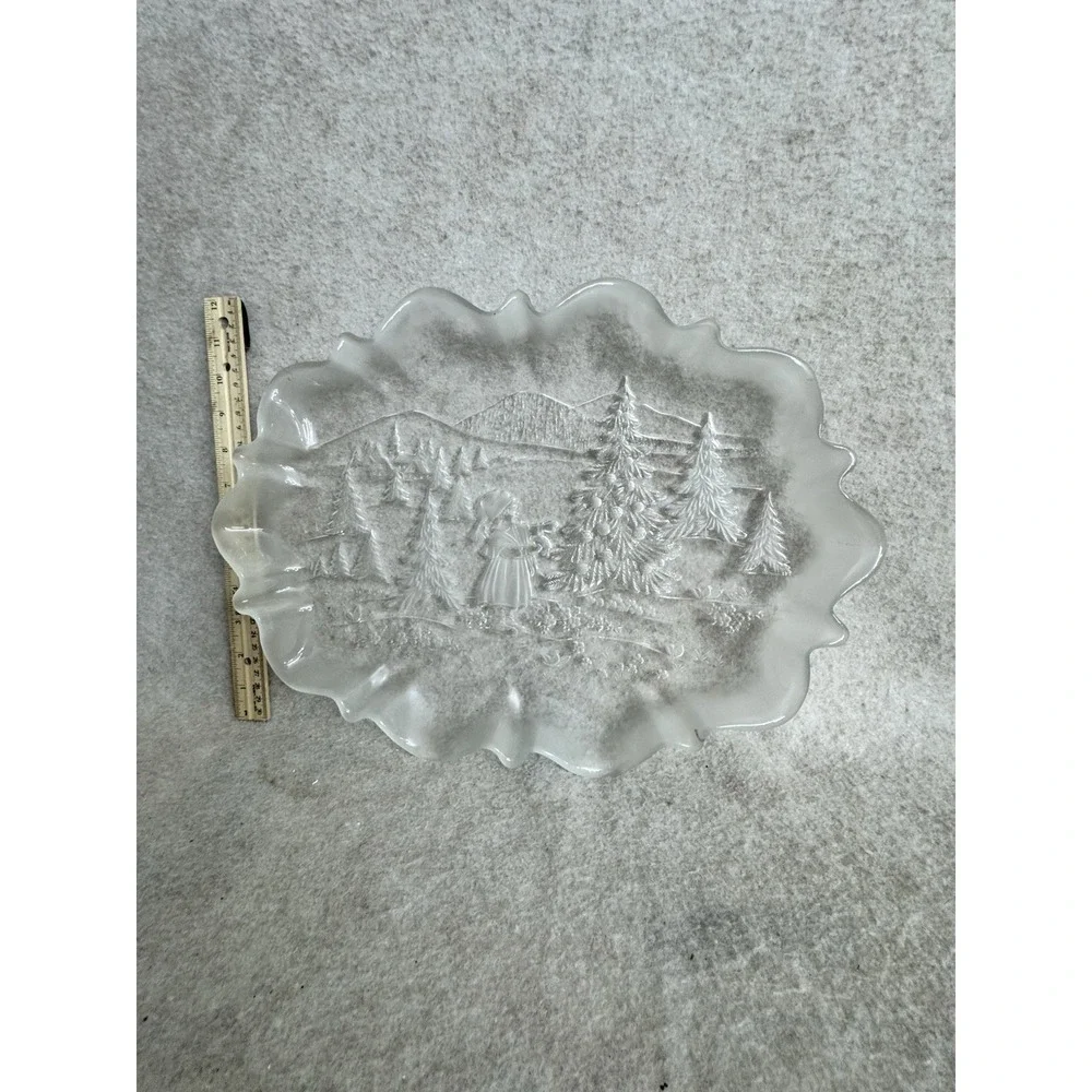 Clear Embossed‎ Glass Serving Platter Winter Scene Girl Trees Mountains Holiday
